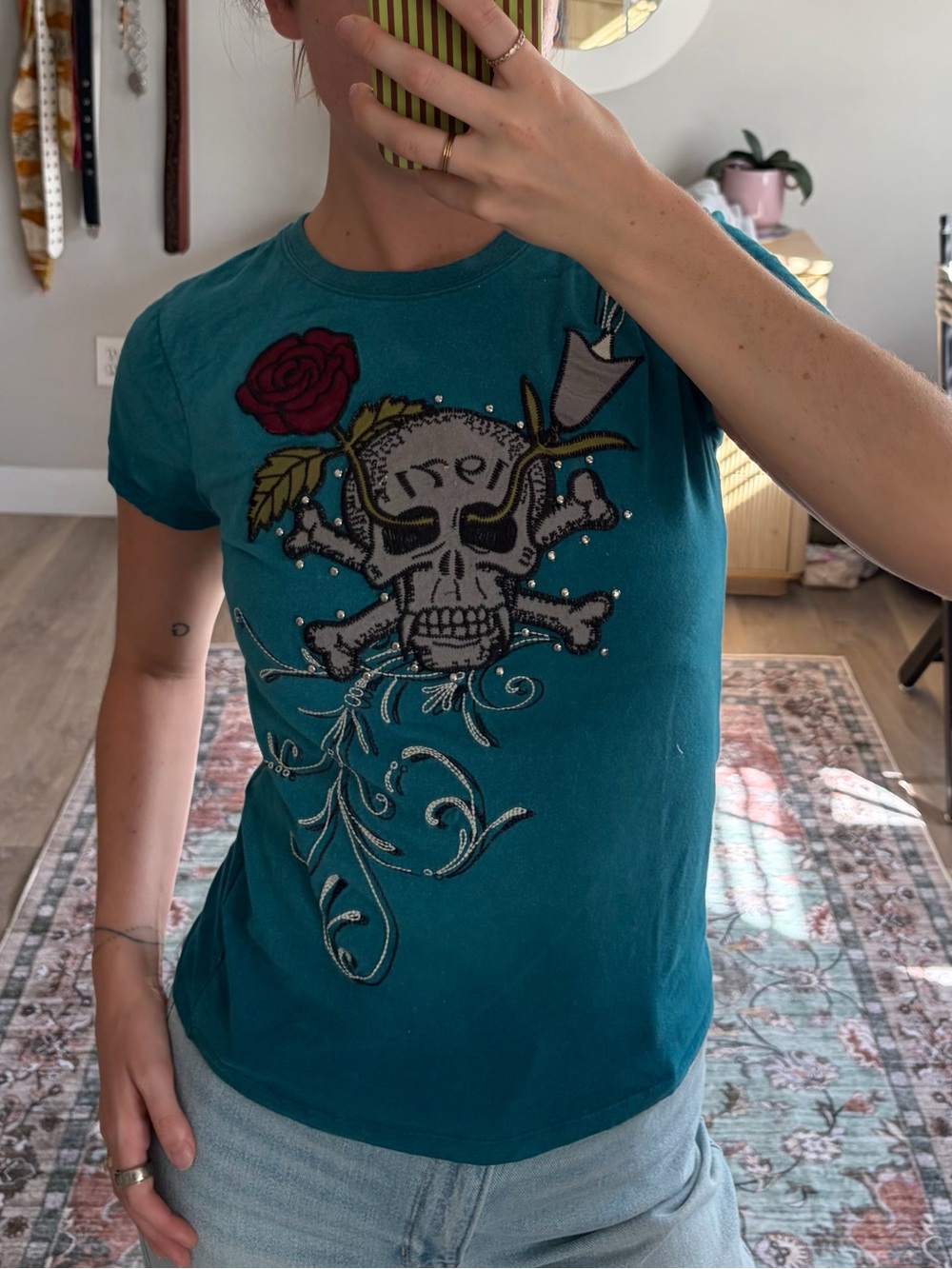 Edward Dada Y2K Skull Rose Rhinestone Tattoo Graphic Tee Medium
